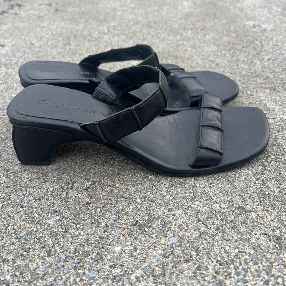 Cole Haan Black Leather Square Slide Open Toe Sandals - Picture 5 of 10